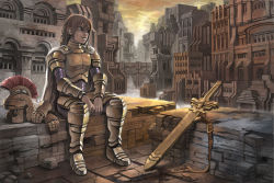 Rule 34 | androgynous, armor, bad id, bad pixiv id, brown hair, cape, cityscape, gender request, helmet, sasa (london ma), solo, sword, weapon