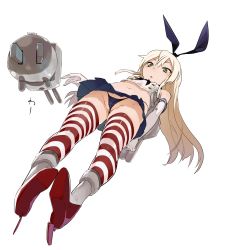 Rule 34 | 10s, 1girl, :o, anchor, anchor hair ornament, black panties, blonde hair, blush, elbow gloves, flat chest, foreshortening, from below, gloves, green eyes, hair ornament, hairband, highleg, highleg panties, kantai collection, long hair, navel, panties, personification, rensouhou-chan, shimakaze (kancolle), simple background, skirt, solo, striped clothes, striped thighhighs, thighhighs, ume (datsuryokugen), underwear, white background, white gloves