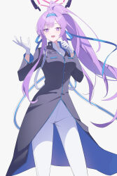 Rule 34 | 1girl, absurdres, black coat, blue archive, blue hairband, bright pupils, coat, commentary request, feet out of frame, feishi, gloves, hairband, halo, hands up, high ponytail, highres, long hair, long sleeves, looking ahead, official alternate costume, open mouth, pants, ponytail, purple eyes, purple hair, simple background, smile, solo, standing, utaha (blue archive), utaha (cheer squad) (blue archive), white background, white gloves, white pants, white pupils