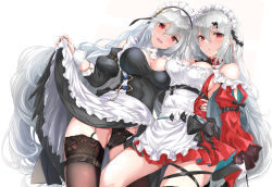 Rule 34 | 2girls, alternate costume, apron, arknights, arm strap, bare shoulders, black dress, black legwear, black nails, black panties, blush, breasts, cleavage, closed mouth, commentary request, cowboy shot, dress, fatkewell, garter straps, gloves, grey hair, hair between eyes, hair ornament, hairclip, highres, large breasts, long hair, long sleeves, looking at viewer, maid, maid apron, maid headdress, multiple girls, nail polish, open mouth, orca hair ornament, panties, red dress, red eyes, short dress, simple background, skadi (arknights), skadi the corrupting heart (arknights), smile, specter (arknights), specter the unchained (arknights), thigh strap, thighhighs, underwear, very long hair, white background, white gloves