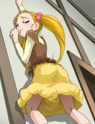 Rule 34 | 00s, 1girl, against wall, arm up, blonde hair, closed eyes, finger to mouth, haruyama kazunori, kasugano urara (yes! precure 5), kneepits, outstretched arm, precure, solo, twintails, yes! precure 5