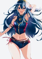 Rule 34 | 1girl, arm behind head, armpits, bare shoulders, blue eyes, blue hair, blue shorts, blush, crop top, fire emblem, fire emblem awakening, fire emblem cipher, highres, hip focus, long hair, looking at viewer, lucina (fire emblem), navel, nekolook, nintendo, official alternate costume, open mouth, red ribbon, ribbon, shirt, short shorts, shorts, sleeveless, sleeveless shirt, solo, swimsuit, thighs, tiara, wide hips