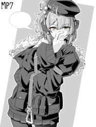 Rule 34 | 1girl, absurdres, ahoge, beret, candy, character name, food, food in mouth, fur-trimmed jacket, fur trim, girls&#039; frontline, hand on own face, hat, headphones, highres, jacket, lollipop, looking at viewer, minami shin (zenshuu bougyo), monochrome, mp7 (girls&#039; frontline), pantyhose, short hair, smile, solo, speech bubble, straight-on, yellow eyes