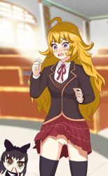 Rule 34 | accidental exposure, blake belladonna, blush, classroom, clothes lift, embarrassed, highres, indoors, no panties, open mouth, pleated skirt, rwby, rwby chibi, school, school uniform, skirt, skirt lift, yang xiao long
