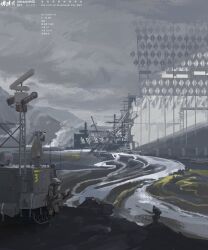 Rule 34 | 1girl, airfish (lefko d), antenna mast, ash (lefko d), construction, coordinates, highres, original, outdoors, river, robot, ruins, scenery, standing, very wide shot
