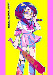 Rule 34 | 1girl, absurdres, adjusting eyewear, armband, artist name, bandaid, bandaid on leg, baseball bat, blood, blood drip, blood on clothes, bloody weapon, bow, braid, bright pupils, chromatic aberration, closed mouth, commentary request, film grain, frown, glasses, hair ornament, hairclip, highres, holding, holding baseball bat, holding weapon, legwear garter, long hair, looking at viewer, medibang paint (medium), miniskirt, multicolored eyes, nail, nail bat, neko 7567, original, pink bow, pink skirt, pleated skirt, purple hair, round eyewear, safety pin, sailor collar, school uniform, shirt, simple background, skirt, solo, standing, tears, twin braids, weapon, white pupils, white shirt, yellow-framed eyewear, yellow background