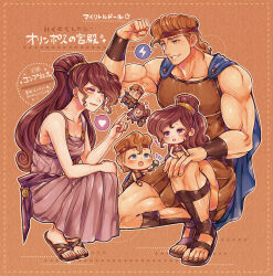 1boy 1girl absurdres animification blue_eyes brown_hair dress eyeshadow hercules_(1997_film) hercules_(disney) highres long_hair looking_at_viewer makeup megara_(disney) mizala natsuki_nori ponytail purple_dress purple_eyes shirt short_hair sleeveless smile