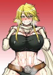 Rule 34 | 10s, 1girl, akame ga kill!, black panties, blonde hair, blush, breasts, cleavage, covered erect nipples, curvy, female focus, gradient background, grin, highres, huge breasts, leone (akame ga kill!), looking at viewer, midriff, navel, panties, smile, solo, strapless, sweat, syonnaka, thick thighs, thighs, tube top, underwear, wide hips, yellow eyes