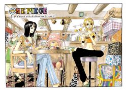 Rule 34 | 1boy, 2girls, bag, black hair, black pants, border, box, bracelet, casual, chair, copyright name, cover, cover page, cup, denim, drinking glass, drinking straw, glass, handbag, hanging plant, highres, jeans, jewelry, multiple girls, nami (one piece), nico robin, oda eiichirou, official art, one piece, orange hair, pants, reindeer, sandals, smoking pipe, table, tattoo, teacup, tony tony chopper, tray, wine glass, x (symbol)