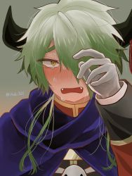 Rule 34 | 1boy, :o, artist name, black horns, blush, cape, crying, crying with eyes open, demon horns, demon king tasogare, fangs, gloves, green hair, hair over one eye, horns, ituki321, long sleeves, looking at viewer, male focus, maou-jou de oyasumi, simple background, tears, white gloves