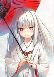 Rule 34 | 1girl, commentary request, highres, holding, holding umbrella, japanese clothes, kimono, long hair, long sleeves, looking at viewer, obi, oil-paper umbrella, original, purple eyes, sash, smile, solo, umbrella, upper body, white hair, white kimono, wide sleeves, wingheart