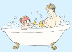 Rule 34 | 1boy, 1girl, 2022, :d, alternate hairstyle, anya (spy x family), bathing, bathtub, blonde hair, blush, child, collarbone, commentary request, dated, father and daughter, from side, green eyes, hair bun, hair ribbon, happy, light blue background, looking at another, nude, open mouth, oyasumisuya, pink hair, ribbon, rubber duck, short hair, signature, simple background, single hair bun, smile, soap bubbles, spy x family, twilight (spy x family), yellow ribbon