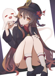 Rule 34 | 1girl, 7aka ne11, bare legs, black footwear, black hat, black nails, black shirt, brown hair, chinese clothes, closed mouth, flower, flower-shaped pupils, genshin impact, hat, hat flower, highres, hu tao (genshin impact), kneehighs, long hair, looking at viewer, nail polish, red eyes, shirt, shoes, simple background, sitting, socks, solo, symbol-shaped pupils, twintails, white background, white socks