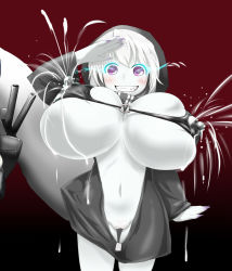 Rule 34 | 10s, 1girl, abyssal ship, breasts, covered erect nipples, female focus, gigantic breasts, kantai collection, lactation, lactation through clothes, large areolae, nipples, no panties, puffy nipples, purple eyes, pussy, rahab, re-class battleship, smile, uncensored, white hair