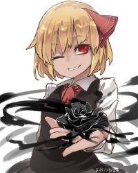 Rule 34 | 1girl, black flower, black rose, blonde hair, bow, darkness, dated, flower, hair bow, hair ornament, highres, jpeg artifacts, long sleeves, looking at viewer, md5 mismatch, one eye closed, red eyes, reiga (act000), resized, rose, rumia, shirt, short hair, simple background, skirt, skirt set, smirk, solo, touhou, upper body, vest, white background