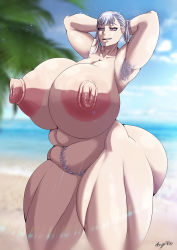 Rule 34 | 1girl, absurdres, armpit hair, artist name, artist request, azgoras, black clover, breasts, female pubic hair, gigantic breasts, highres, large areolae, noelle silva, nude, pubic hair, smile, source request, white hair