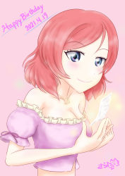 Rule 34 | 1girl, absurdres, artist name, artist request, bare shoulders, blush, breasts, cleavage, collarbone, crescent, crescent moon, crescent necklace, feathers, female focus, hair between eyes, highres, jewelry, looking at viewer, love live!, love live! school idol project, medium breasts, moon, necklace, nishikino maki, parted lips, pink background, puffy short sleeves, puffy sleeves, purple eyes, red hair, short hair, short sleeves, smile, solo, upper body, white feathers