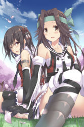 Rule 34 | 10s, 2girls, bandages, bare shoulders, black gloves, black hair, black skirt, blue sky, blush, breasts, brown eyes, brown hair, buttons, cherry blossoms, cloud, day, detached sleeves, elbow gloves, fingerless gloves, forehead protector, frills, gloves, grass, hachimaki, hair intakes, hair ornament, half updo, headband, holding hands, jintsuu (kancolle), kantai collection, knees together feet apart, long hair, looking back, multiple girls, open mouth, outdoors, panties, petals, remodel (kantai collection), sarashi, scarf, school uniform, sendai (kancolle), serafuku, sitting, skirt, sky, takanashi haruto, thighhighs, tree, two side up, underwear, white legwear, white scarf