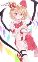 Rule 34 | 1girl, absurdres, adapted costume, blonde hair, blush, bow, bowtie, clothing cutout, crown, crystal, flandre scarlet, foot out of frame, frilled shirt collar, frills, glint, hair between eyes, highres, looking at viewer, mini crown, mizore arius, navel, one side up, pointy ears, red bow, red bowtie, red eyes, short hair with long locks, shoulder cutout, skirt, smile, solo, tilted headwear, touhou, v-shaped eyebrows, wings