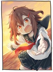 Rule 34 | 1girl, anchor, anchor symbol, blush, brown eyes, brown hair, evening, fang, hair between eyes, hair ornament, hairclip, ikazuchi (kancolle), kantai collection, long sleeves, ocean, open mouth, outdoors, outstretched arm, pleated skirt, red neckwear, sailor collar, school uniform, serafuku, shiro9jira, skin fang, skirt, sky, solo, water
