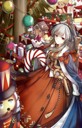 Rule 34 | 1girl, arknights, blue cape, candy, candy cane, cape, christmas ornaments, christmas tree, commentary request, cowboy shot, dress, feet out of frame, food, from side, gift, gingerbread house, gingerbread man, gloves, highres, holding, long hair, looking at viewer, miyamizu reiha, official alternate costume, partial commentary, red dress, red eyes, silver hair, smile, solo, standing, stuffed animal, stuffed toy, teddy bear, weedy (arknights), weedy (candy cape) (arknights)