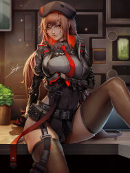 Rule 34 | 1girl, belt buckle, belt pouch, beret, breast lift, breasts, brown hair, brown thighhighs, buckle, choker, collared shirt, explosive, gloves, goddess of victory: nikke, grenade, hat, highres, jacket, large breasts, leg up, lips, long hair, looking at viewer, necktie, pouch, rapi (nikke), red eyes, red necktie, shirt, sirenlin, solo, star (symbol), thighhighs, thighs, web belt