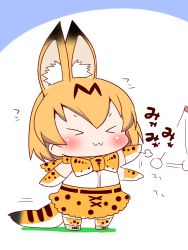 Rule 34 | &gt; &lt;, 10s, 1girl, :3, > <, animal ears, bow, bowtie, chibi, comic, commentary request, elbow gloves, closed eyes, gloves, kemono friends, sako (bosscoffee), serval (kemono friends), serval print, serval tail, shirt, short hair, skirt, slapping, sleeveless, sleeveless shirt, solo, standing, string, tail, thighhighs, translation request, white background, white shirt, x3