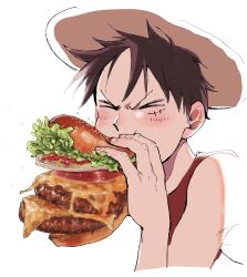 Rule 34 | 1boy, absurdres, black hair, burger, burger malfunction, cheese, closed eyes, commentary request, eating, food, hand up, hat, highres, holding, holding food, lettuce, light blush, male focus, monkey d. luffy, one piece, scar, scar on face, short hair, simple background, solo, squirtle e, straw hat, tomato, upper body, v-shaped eyebrows, white background