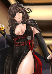 Rule 34 | 1girl, alcohol, alternate costume, black bow, black dress, black gloves, bow, bracelet, braid, braided ponytail, breasts, brown eyes, brown hair, cleavage, cleavage cutout, clothing cutout, cowboy shot, cup, dress, drink, drinking glass, elbow gloves, eyepatch, flower, girls&#039; frontline, gloves, hair bow, hair flower, hair ornament, highres, holding, indoors, jewelry, long hair, looking to the side, m16a1 (girls&#039; frontline), medium breasts, mole, mole under eye, no bra, one eye covered, parted lips, partially fingerless gloves, sam desu, scar, scar across eye, scar on face, side slit, sleeveless, sleeveless dress, solo, standing
