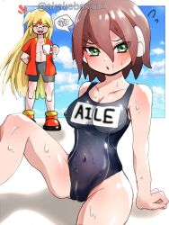 1boy 1girl aile_(mega_man_zx) akako83 black_one-piece_swimsuit black_shorts blonde_hair blush breasts brown_hair collarbone covered_navel facial_mark forehead_mark girouette_(mega_man) glasses green_eyes long_hair male_swimwear medium_breasts mega_man_(series) mega_man_zx one-piece_swimsuit open_clothes open_shirt red_shirt shirt short_hair shorts solo_focus swim_trunks swimsuit wet