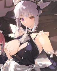 Rule 34 | 2girls, animal ears, black bra, bra, bra pull, grabbing another&#039;s breast, breasts, clothes pull, detached sleeves, gloves, grabbing, grey hair, halterneck, head out of frame, heterochromia, indoors, instrument, large breasts, looking at viewer, maid, maid headdress, medium hair, mouth hold, multiple girls, one breast out, original, piano, pink hair, shisantian, underwear