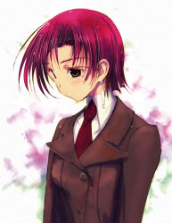 Rule 34 | 00s, 1girl, bazett fraga mcremitz, brown eyes, earrings, fate/hollow ataraxia, fate/stay night, fate (series), formal, head down, jewelry, necktie, ozaki hiroki, pant suit, pants, red hair, short hair, solo, suit