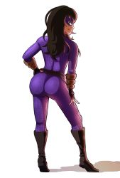 Rule 34 | 1girl, ass, belt, black hair, bodysuit, boku no hero academia, boots, bracer, domino mask, eyebrows visible through mask, fingerless gloves, from behind, gloves, green eyes, long hair, looking at viewer, mask, shadow, simple background, solo, tokage setsuna