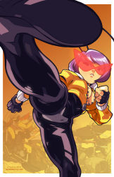 Rule 34 | 1girl, antennae, black torch, bodysuit, borrowed character, breasts, crotch plate, edwin huang, fallout (black torch), fingerless gloves, foreshortening, gloves, jacket, kamina shades, kicking, no bra, open clothes, open jacket, purple hair, short hair, sideboob, solo