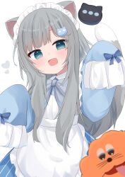 1girl absurdres animal_ears apron aqua_eyes blue_bow blue_dress bow bowtie cat_ears cat_girl cat_hair_ornament cat_tail dress fang frilled_apron frills grey_bow grey_bowtie grey_hair hair_ornament heart highres indie_virtual_youtuber long_hair long_sleeves looking_at_viewer maid maid_headdress nachoneko nekosakaaa open_mouth simple_background skin_fang sleeves_past_fingers sleeves_past_wrists slit_pupils smile solo tail virtual_youtuber white_apron white_background