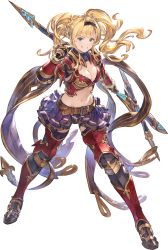 Rule 34 | 1girl, armor, armored boots, belt, blonde hair, blue eyes, boots, breasts, cleavage, detached sleeves, full body, gauntlets, granblue fantasy, granblue fantasy versus, hairband, highres, holding, holding weapon, large breasts, long hair, midriff, minaba hideo, navel, official art, parted lips, polearm, simple background, skirt, smile, solo, standing, stomach, twintails, weapon, white background, zeta (granblue fantasy)