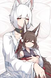 Rule 34 | 2girls, absurdres, age difference, aged down, amagi-chan (azur lane), animal ear fluff, animal ears, azur lane, bed sheet, black choker, blunt bangs, blush, brown hair, choker, commentary, dated commentary, fox ears, fox girl, fox tail, hair ornament, hands on another&#039;s arm, highres, holding, hug, hug from behind, japanese clothes, kaga (azur lane), kimono, kitsune, kyuubi, long hair, lying, multiple girls, multiple tails, on back, pillow, print kimono, samip, short hair, sidelocks, sleeping, tail, thick eyebrows, twintails, white hair