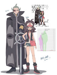 1boy 1girl :d black_footwear black_socks black_vest boots cane commentary_request creatures_(company) exposed_pocket game_freak ghetsis_(pokemon) happy hat height_chart highres hilda_(pokemon) hime_(himetya105) knees looking_at_viewer nintendo open_clothes open_mouth open_vest pink_bag pokemon pokemon_bw pokemon_bw2 reference_inset shirt shoes short_shorts shorts sidelocks sleeveless sleeveless_shirt smile socks standing teeth upper_teeth_only vest white_shirt