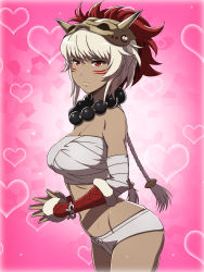 Rule 34 | 1girl, bare legs, bare shoulders, bead necklace, beads, braid, breasts, cowboy shot, fire emblem, fire emblem fates, fur trim, heart, highres, jewelry, large breasts, legs, looking at viewer, mask, mask on head, midriff, necklace, nintendo, red eyes, rinkah (fire emblem), sarashi, serious, short hair, short shorts, shorts, simple background, solo, standing, thighs, twin braids, white hair, yuki (12cut)