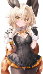 Rule 34 | 1girl, animal ears, black dress, black gloves, blonde hair, bow, breasts, brown eyes, brown pantyhose, center frills, cleavage, closed mouth, commentary request, detached sleeves, dress, frills, genshin impact, gloves, hair between eyes, hands up, highres, long hair, lumine (genshin impact), medium breasts, motoi ayumu, orange bow, pantyhose, puffy short sleeves, puffy sleeves, rabbit ears, short sleeves, simple background, smile, solo, standing, striped, striped bow, thigh gap, white background, white gloves, white sleeves