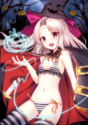 Rule 34 | 1girl, :d, bikini, black thighhighs, cloak, commentary request, fate/kaleid liner prisma illya, fate (series), halloween, hat, illyasviel von einzbern, jack-o&#039;-lantern, long hair, looking at viewer, navel, open mouth, parted bangs, red eyes, revision, silver hair, smile, solo, striped bikini, striped clothes, striped thighhighs, swimsuit, thighhighs, very long hair, white bikini, white thighhighs, witch hat, yan (nicknikg)