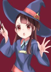 Rule 34 | 10s, 1girl, :o, bad id, bad pixiv id, brown eyes, brown hair, chiakillust, half updo, hat, kagari atsuko, little witch academia, long hair, open hand, solo, wand, witch, witch hat