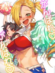 Rule 34 | 2girls, bare shoulders, bikini, bikini top only, black hair, blonde hair, blue shorts, blush, breasts, brown vest, calamity jane (fate), cropped vest, earrings, facial tattoo, fate/grand order, fate (series), forehead, green eyes, hair ribbon, highres, hoop earrings, ishtar (fate), jewelry, large breasts, long hair, looking at viewer, mitsurugi sugar, multicolored hair, multiple girls, navel, neck ring, one eye closed, open clothes, open mouth, open vest, parted bangs, pom pom (cheerleading), red bikini, red eyes, red hair, ribbon, shorts, side ponytail, smile, space ishtar (fate), space ishtar (second ascension) (fate), star tattoo, swimsuit, tattoo, thighhighs, thighs, two-tone hair, two side up, vest, white thighhighs