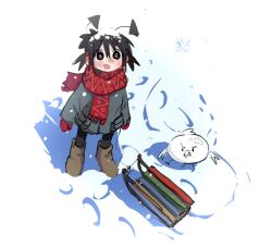 Rule 34 | 1girl, @ @, animal, antennae, bird, black eyes, black hair, black thighhighs, boots, brown footwear, coat, fang, gloves, grey coat, ime-chan (ime44), jean bomjan, looking up, open mouth, original, red gloves, red scarf, scarf, short twintails, sled, smile, snow, snow on head, snowflakes, thighhighs, twintails, white background, winter, winter clothes, winter gloves