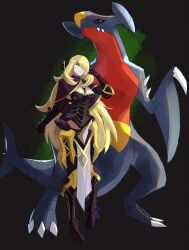 Rule 34 | 1girl, 1other, armor, black armor, black sclera, blonde hair, breasts, camilla (fire emblem), camilla (fire emblem) (cosplay), claws, cleavage, colored sclera, company connection, cosplay, creatures (company), cynthia (pokemon), fire emblem, fire emblem fates, game freak, garchomp, gen 4 pokemon, hair over one eye, highres, large breasts, long hair, nintendo, pokemon, pokemon (creature), pokemon dppt, rod langhi, smile, spikes, tail, very long hair