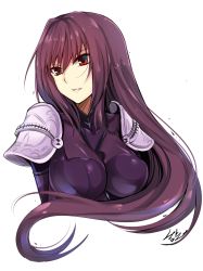 Rule 34 | 1girl, absurdres, armor, bodysuit, breasts, cleavage, commentary request, fate/grand order, fate (series), gu li, highres, large breasts, long hair, looking to the side, parted lips, pauldrons, purple bodysuit, purple hair, red eyes, scathach (fate), scathach (fate), shoulder armor, signature, simple background, smile, solo, upper body, white background
