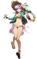 Rule 34 | 1girl, absurdres, bikini, blue eyes, breasts, cleavage, closed mouth, collarbone, flower, full body, hat, highres, jacket, langrisser, long sleeves, looking at viewer, navel, official art, open clothes, open jacket, pink hair, sandals, sarong, simple background, smile, solo, sun hat, swimsuit, toes, white background