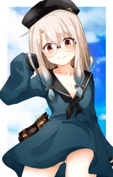 Rule 34 | 1girl, beret, blue dress, blue hair, blue sky, blush, breasts, captain nemo (fate), captain nemo (fate) (cosplay), closed mouth, collarbone, cosplay, dress, fate/grand order, fate/kaleid liner prisma illya, fate (series), glasses, gradient hair, hat, highres, illyasviel von einzbern, long hair, long sleeves, looking at viewer, mochi (k620803n), multicolored hair, nemo (fate), no panties, professor nemo (fate), red eyes, sailor collar, sidelocks, sky, small breasts, smile, thighs, white hair