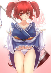 Rule 34 | 1girl, bad id, bad pixiv id, bare legs, breasts, clothes lift, cowboy shot, dress, dress lift, eyebrows, fundoshi, hair bobbles, hair ornament, highres, inbe, japanese clothes, kimono, kimono lift, large breasts, looking at viewer, midriff, navel, obi, onozuka komachi, red eyes, red hair, sash, scythe, short hair, short twintails, smile, solo, touhou, twintails, two side up