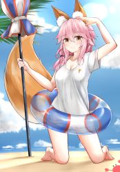 Rule 34 | 10s, 1girl, absurdres, animal ear fluff, animal ears, arm up, beach umbrella, blush, breasts, brown eyes, cleavage, closed umbrella, covered navel, fate/extra, fate/grand order, fate (series), fox ears, fox tail, highres, kneeling, long hair, looking at viewer, moyoron, pink hair, see-through, shirt, smile, solo, t-shirt, tail, tamamo (fate), tamamo no mae (fate/extra), tamamo no mae (swimsuit lancer) (fate), tamamo no mae (swimsuit lancer) (first ascension) (fate), umbrella